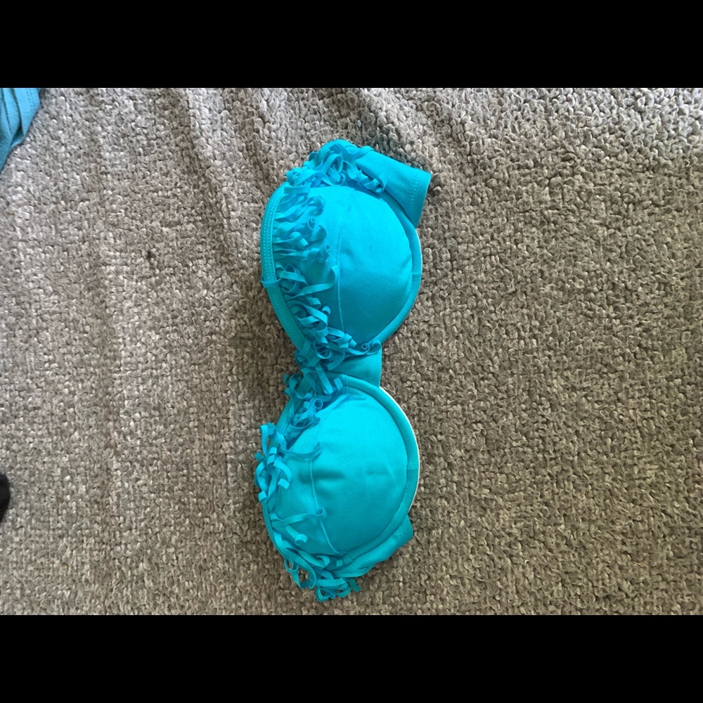Bright blue Strapless bikini too with fringe